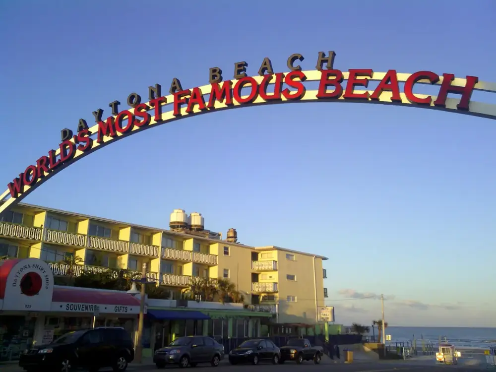 The World's Most Famous Beach gateway arch over the approach to Daytona Beach